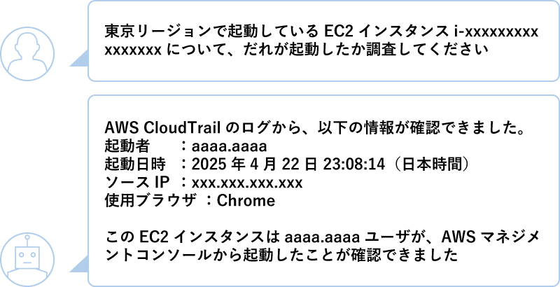 担当者「東京リージョンで起動しているEC2インスタンスi-xxxxxxxxxxxxxxxxについて、だれが起動したか調査してください」、AIエージェント「AWS CloudTrailのログから、以下の情報が確認できました。起動者：aaaa.aaaa　起動日時：2025年4月22日 23:08:14（日本時間）　ソースIP：xxx.xxx.xxx.xxx　使用ブラウザ：Chrome　このEC2インスタンスはaaaa.aaaaユーザが、AWSマネジメントコンソールから起動したことが確認できました」