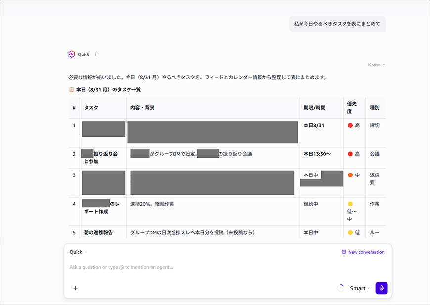 「今日やるべきタスクを表にまとめて」と頼むと、フィードやカレンダーから情報を集めて表にまとめてくれる様子