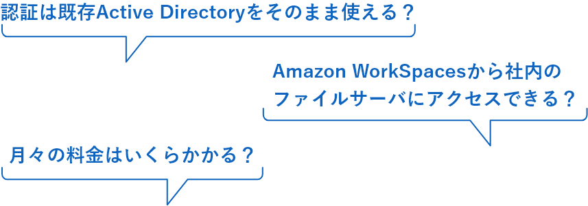 認証は既存Active Directoryをそのまま使える？ Amazon WorkSpacesから社内のファイルサーバにアクセスできる？ 月々の料金はいくらかかる？